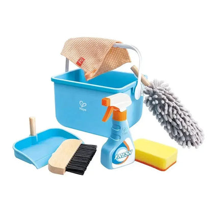 Blue plastic cleaning bucket set with mop head, scrub brush, squeegee, and spray bottle