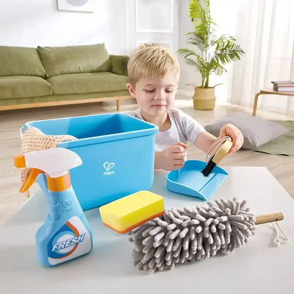 Blue cleaning bucket with yellow sponge pad, gray chenille mop, and spray cleaner bottle