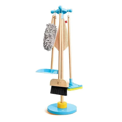 Cleaning stand with blue mop and broom holders; includes scrub brush and microfiber mop pads