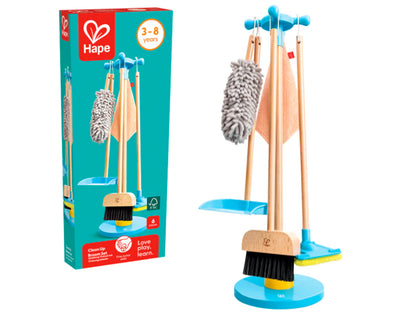 Child cleaning set stand with wooden base, blue tray, and broom/brush tools