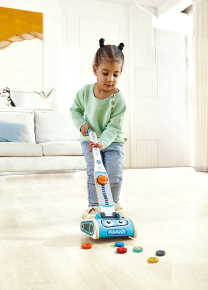 Hape robot vacuum toy upright with blue handle and orange control knob