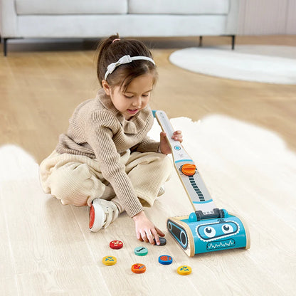 Robot Vacuum Machine toy with blue body, front roller brush, and colorful buttons