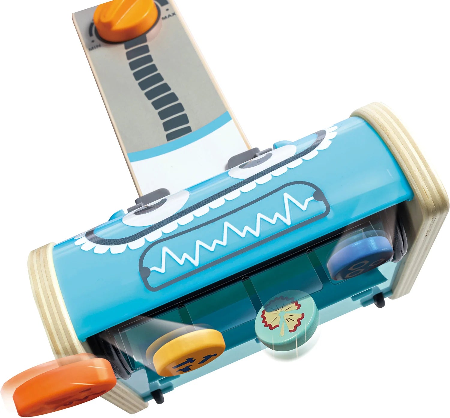 Close-up of Robot Vacuum Machine front with blue grille and rolling brush bristles