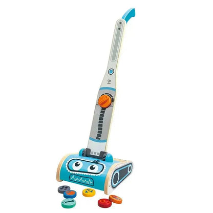 Robot Vacuum Machine toy in light blue with orange dial and monster face