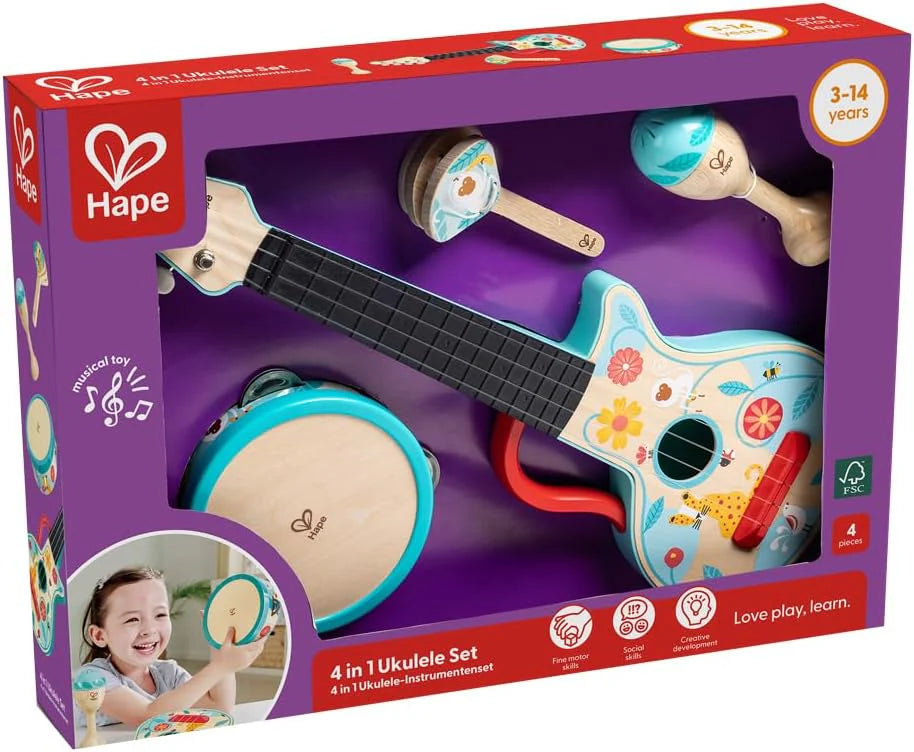 Hape 4-in-1 ukulele set box with ukulele, drum, tambourine and maracas