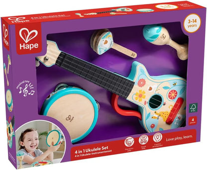 Hape 4-in-1 ukulele set box with ukulele, drum, tambourine and maracas