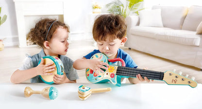 4-in-1 percussion set instruments: ukulele, tambourine, drum and maracas