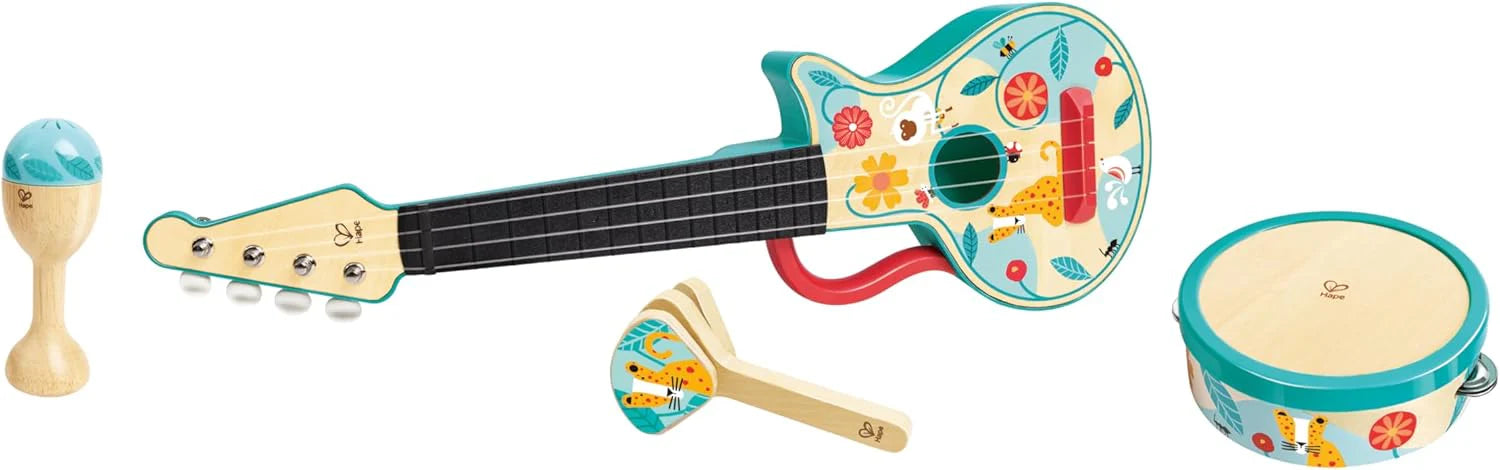 4-in-1 percussion set with ukulele, tambourine, drum and maracas