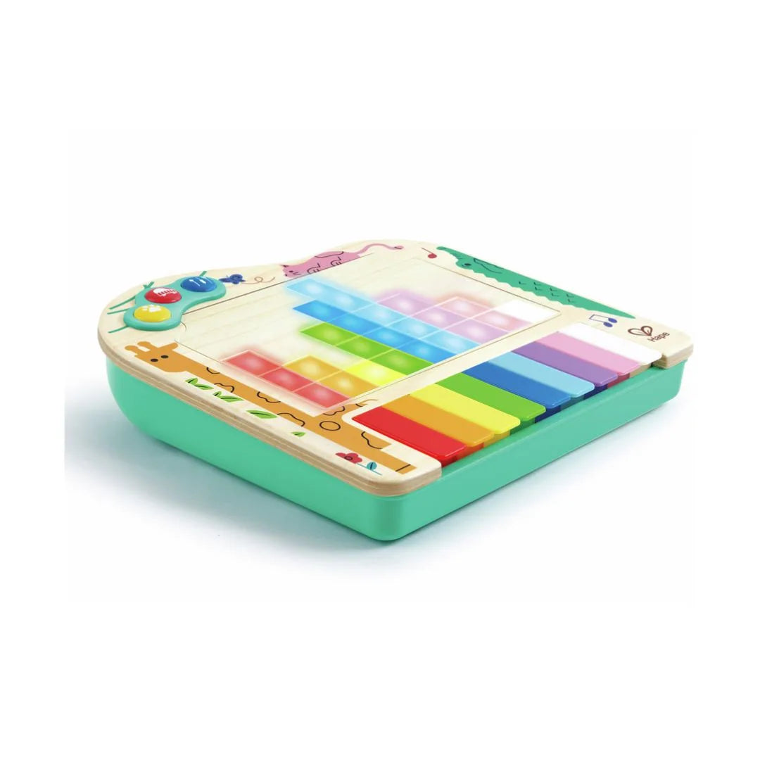 Kids pixel piano toy, green base with colorful sound key blocks and top buttons