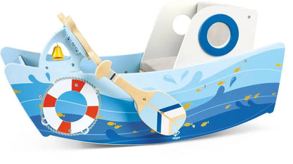 Blue rocking toy boat with sail, lifebuoy wheel and wooden oar handles