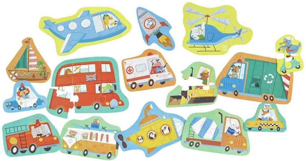 Transport-themed jigsaw puzzle pieces illustration with buses, boats, and cars