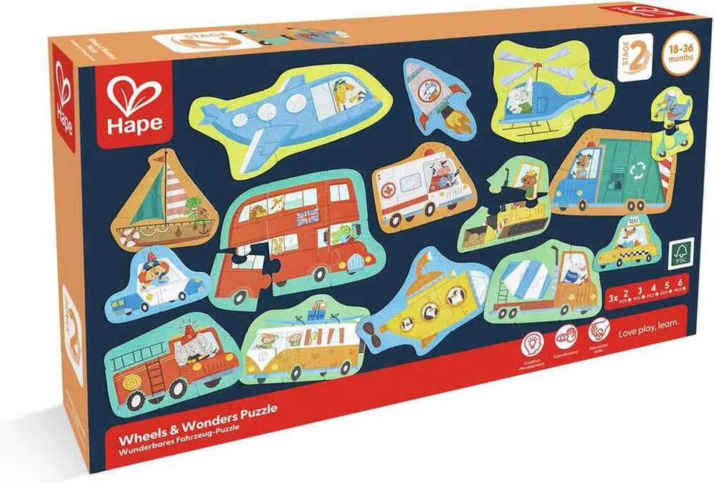Transport-themed jigsaw puzzle box with vehicle illustrations and age label