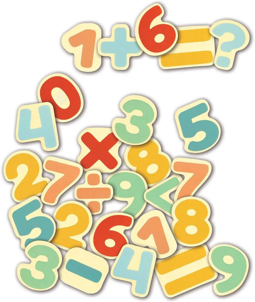 Magnetic number tile set scattered with colorful digits, plus signs, subtraction X, and a ?