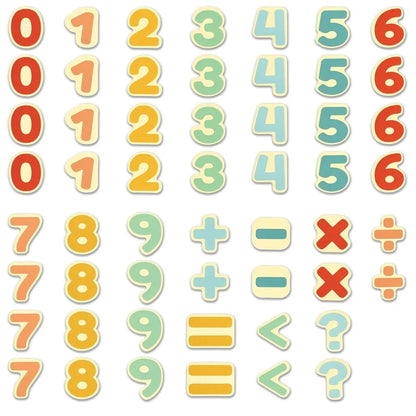 Magnetic number tile set with colorful digits and math symbols +, -, and =