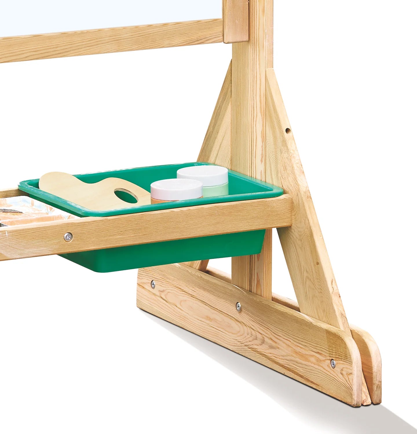 OUTDOOR ART EASEL grünes Maltablett mit Holzrand und weißen Malteilen auf Ablage