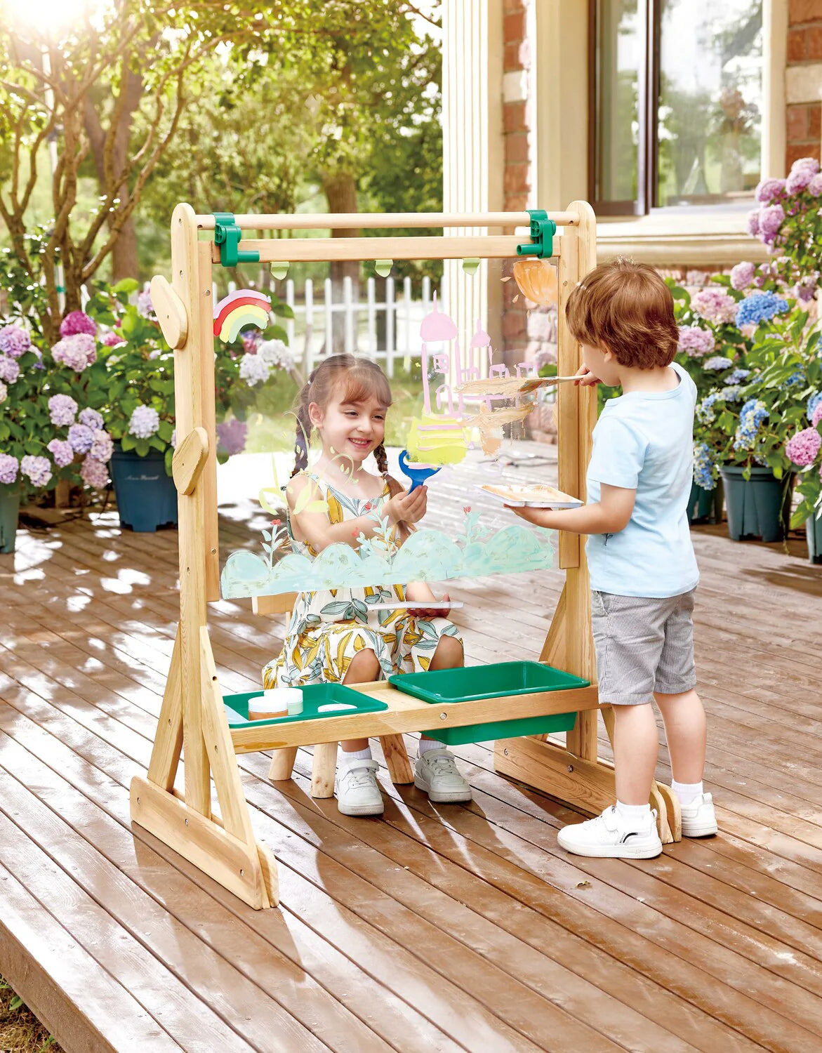 OUTDOOR ART EASEL Holzstaffelei mit Tuchhalter, Leinwandrolle und grünem Maltablett