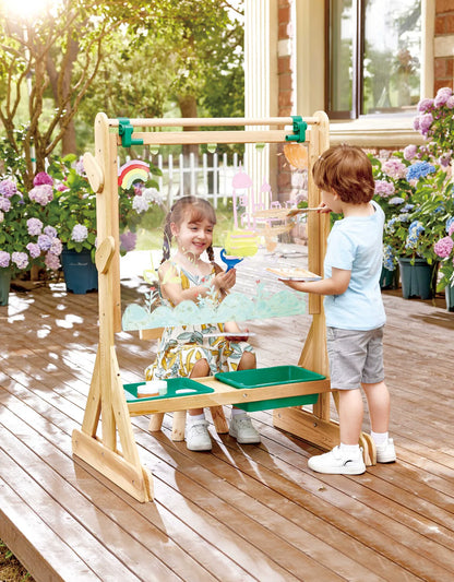 OUTDOOR ART EASEL Holzstaffelei mit Tuchhalter, Leinwandrolle und grünem Maltablett