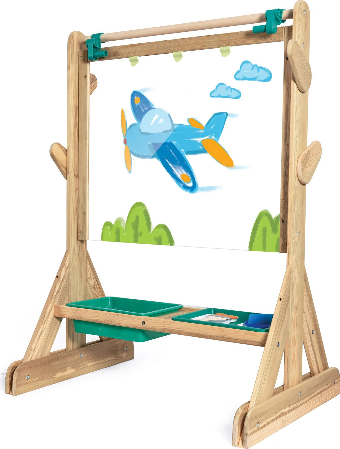 OUTDOOR ART EASEL Holzstaffelei mit Flugzeugmotiv auf der Zeichenfläche und grünem Tablett
