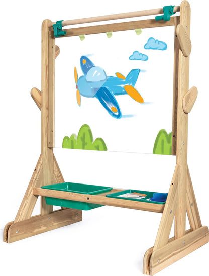 OUTDOOR ART EASEL Holzstaffelei mit Flugzeugmotiv auf der Zeichenfläche und grünem Tablett