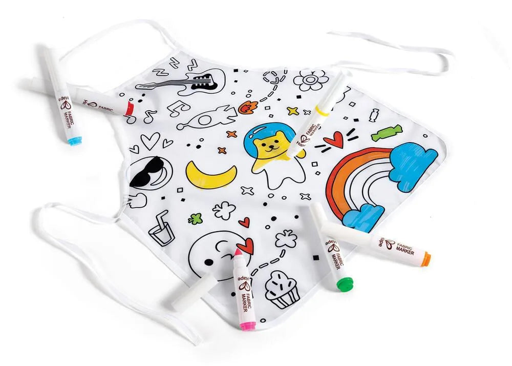 White coloring apron with colorful cartoon doodle print and string ties