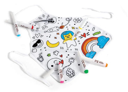 White coloring apron with colorful cartoon doodle print and string ties
