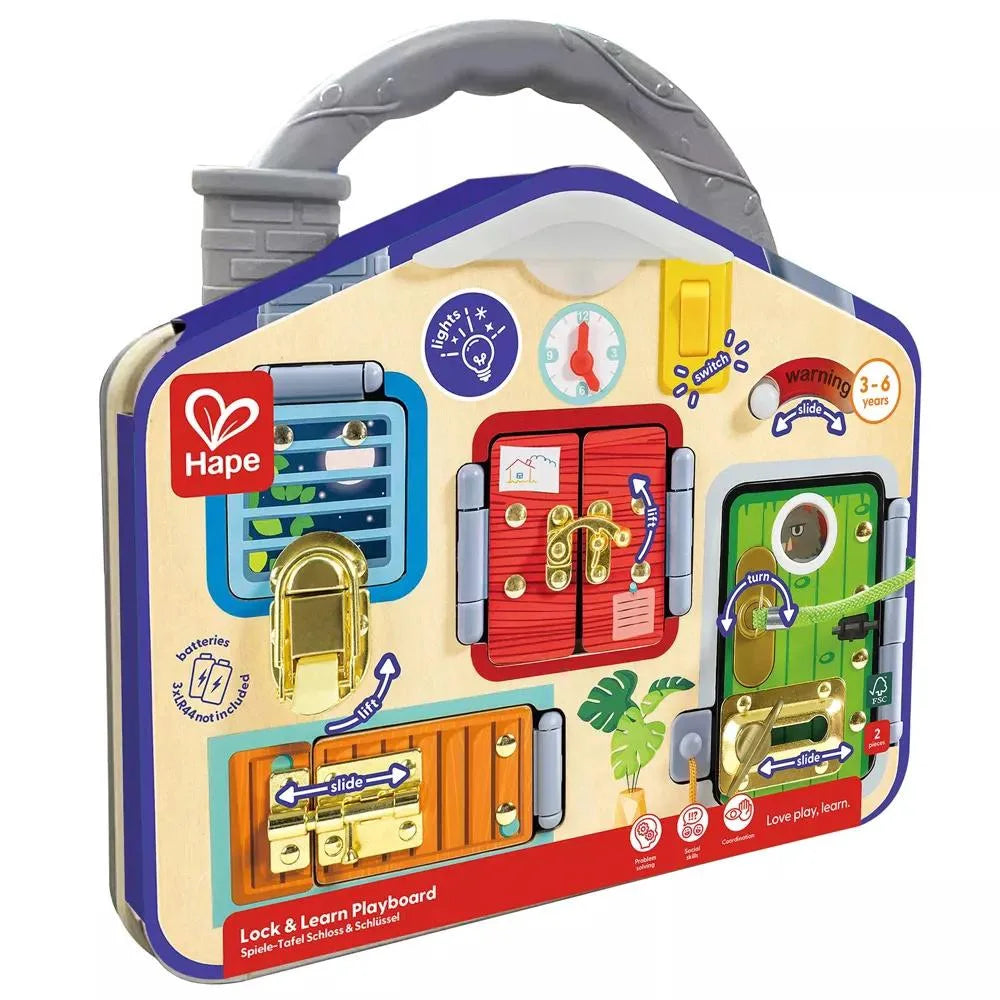 Hape wooden activity playboard toy with blue frame, locks, sliding maze, and clock
