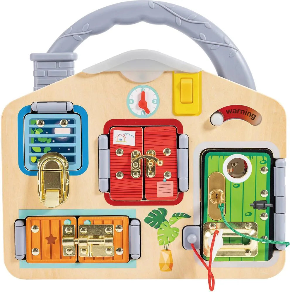 Wooden activity playboard toy with locks, keys, sliding doors, and clock panel