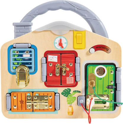 Wooden activity playboard toy with locks, keys, sliding doors, and clock panel
