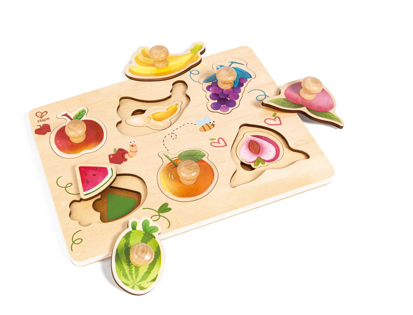 Farmyard layer wooden puzzle with fruit and animal shapes, removable pieces