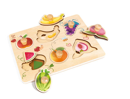 Farmyard layer wooden puzzle with fruit and animal shapes, removable pieces