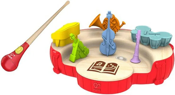Red mini conductor’s orchestra musical toy with mallet and four instrument figures