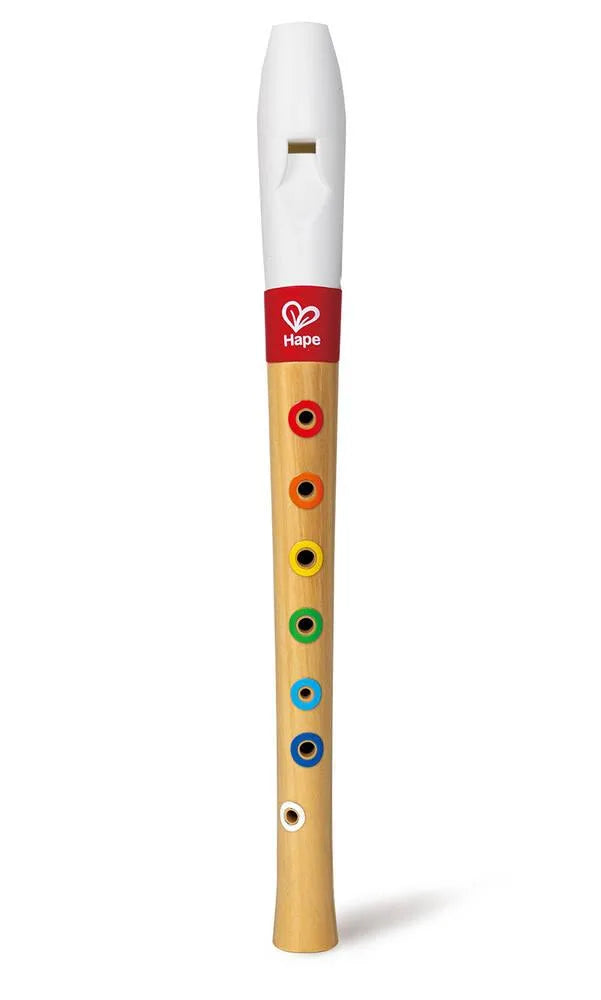Hape starter recorder with colored finger holes, red and white top, wooden body