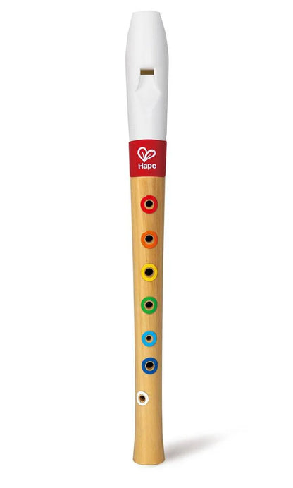 Hape starter recorder with colored finger holes, red and white top, wooden body