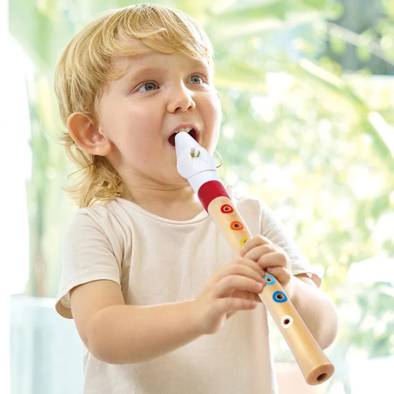 Child holding Hape recorder with colored finger holes, wooden body, white/red top