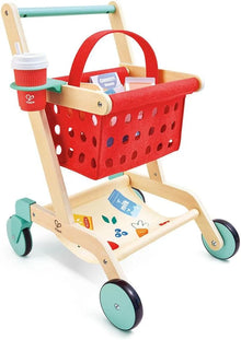 Hape wooden shopping cart with red perforated basket, teal wheels and handle