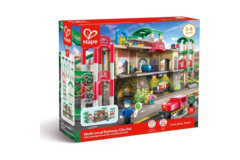 Hape Multi-Level Railway City Set toy box with green and red track city buildings