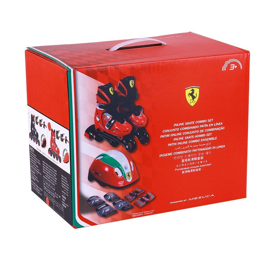 Kids inline skate combo set box with Ferrari red graphics and helmet display