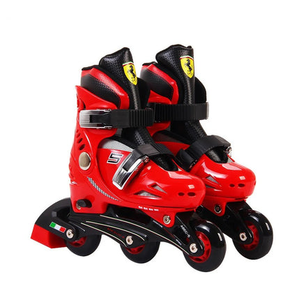 Kids inline skates set with red and black boots, adjustable straps and wheels