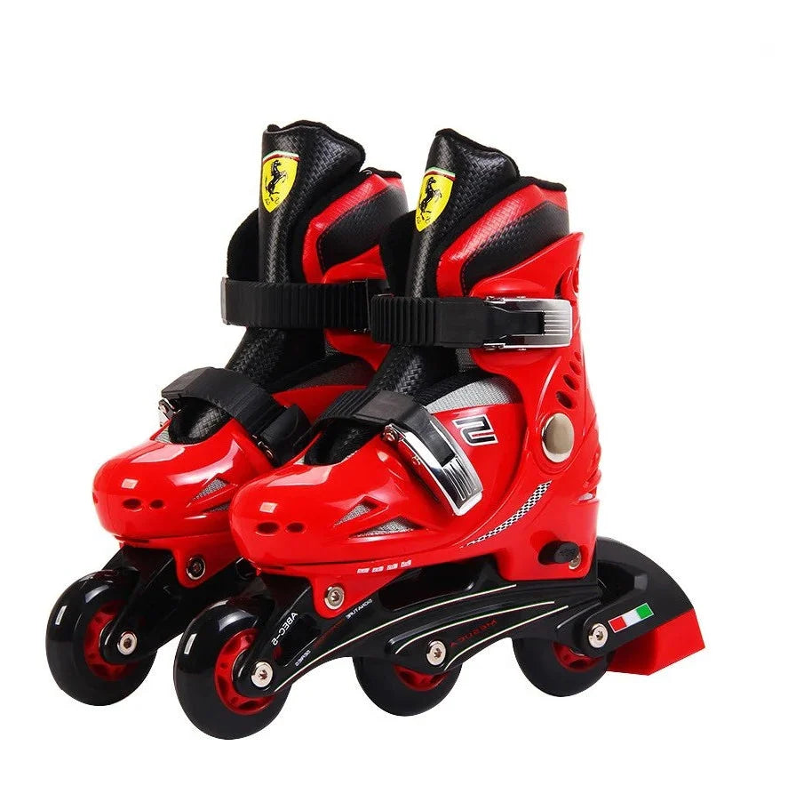 Black-red kids inline skates with red wheels, adjustable straps, and Ferrari shield