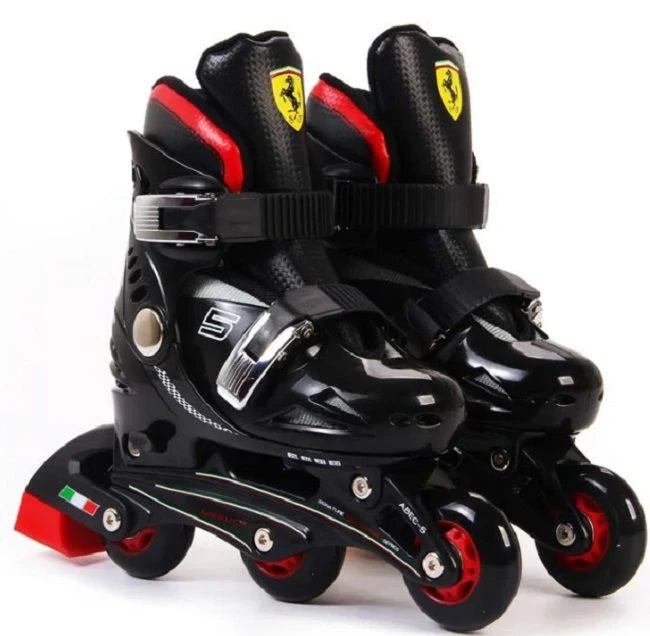 Black kids inline skates with red accents and Ferrari shield on boot