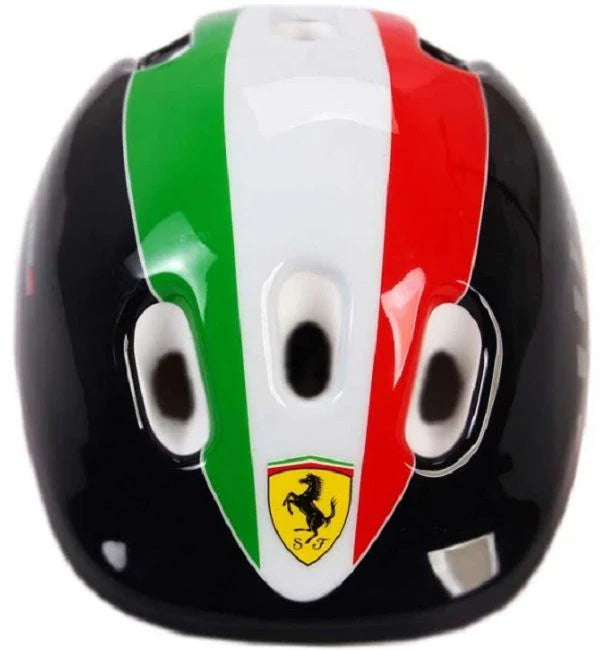 Black kids skate helmet with Italian flag stripe and Ferrari badge