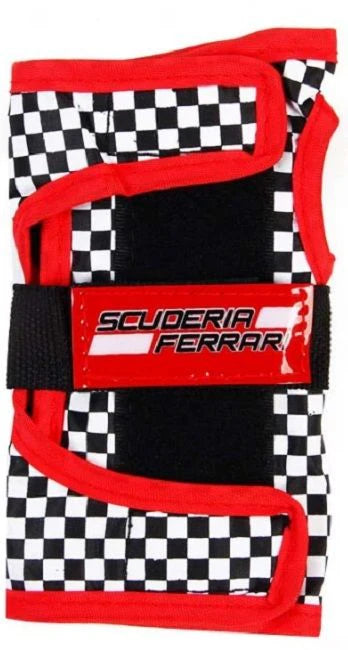 Checkered protective pads with red trim and Scuderia Ferrari logo