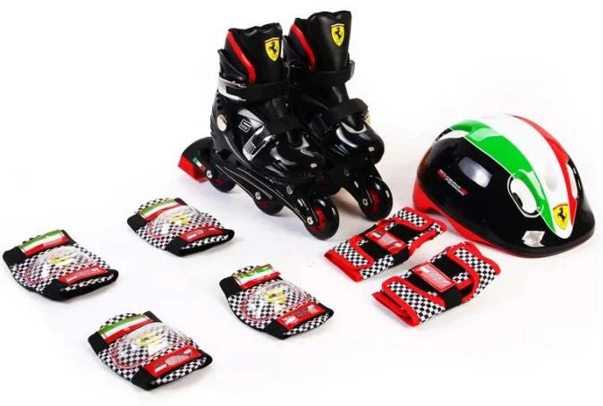 Kids inline skate set with black skates, helmet, and checkered protective pads