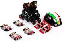 Kids inline skate set with black skates, helmet, and checkered protective pads