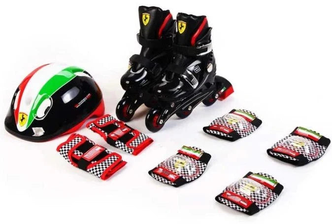 Kids inline skate set with red helmet, black-red inline skates, and checkered safety pads