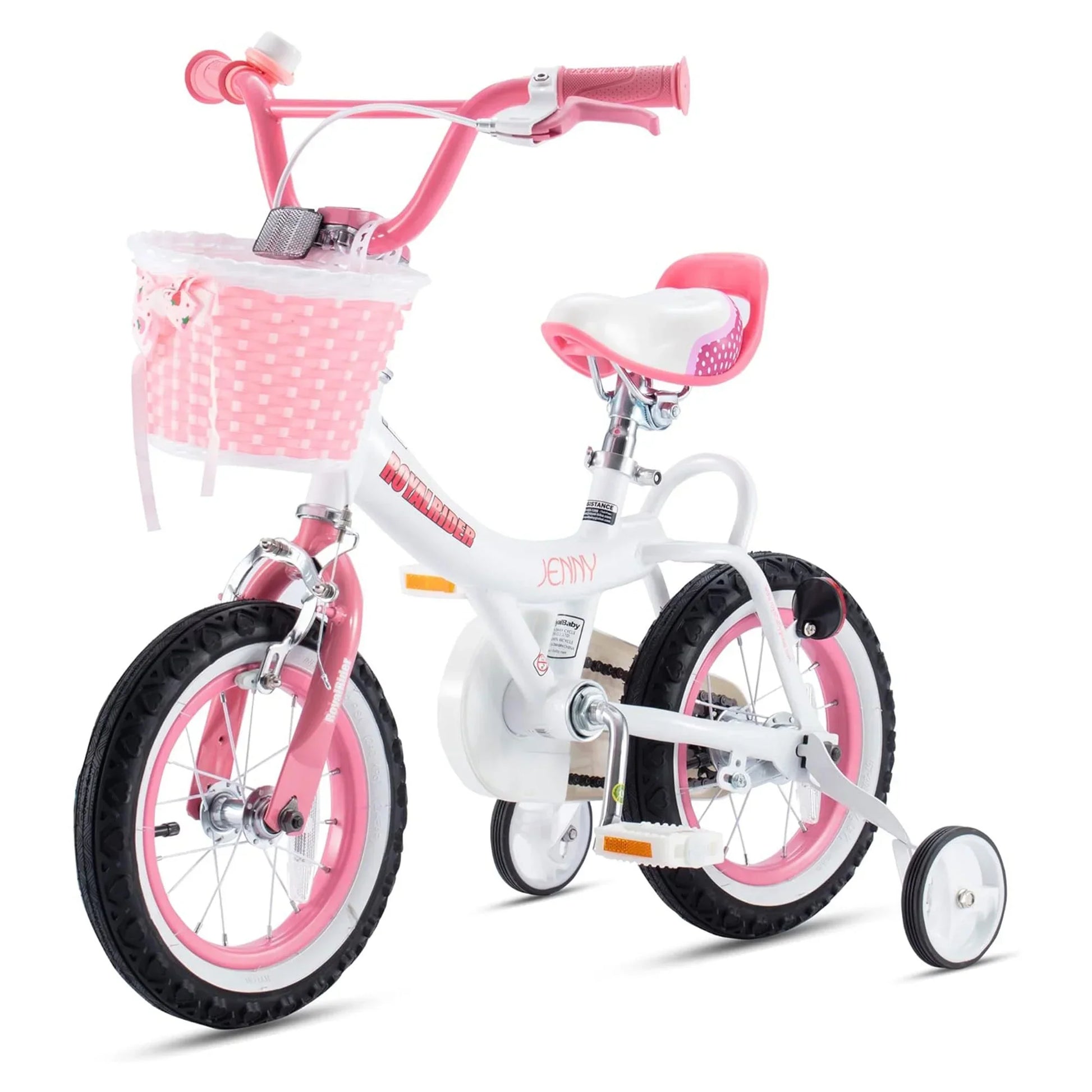 Pink 12-inch bicycle with handlebar bell, front basket, and training wheel