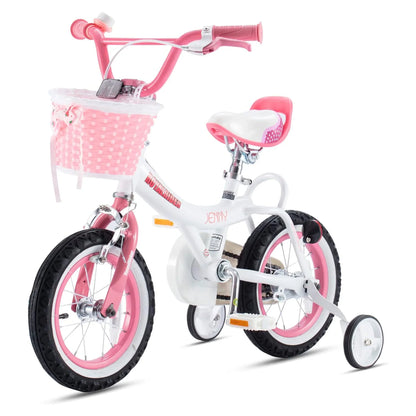 Pink 12-inch bicycle with handlebar bell, front basket, and training wheel