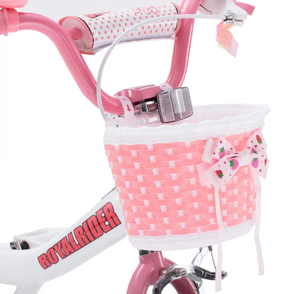 Pink bicycle basket with white lattice weave and pink ribbon strap; Royalbrider bar