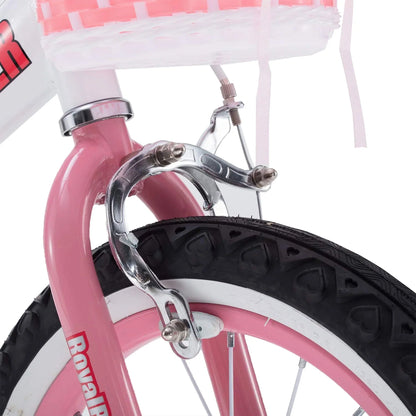 Pink bicycle front wheel with black tire, white fender, and chrome brake