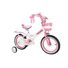 Pink 12-inch bicycle with white frame, front basket, and training wheel